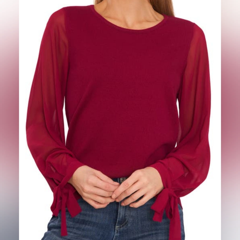 Cece chiffon sleeve tie sweater. Burgundy Red . Deep Merlot